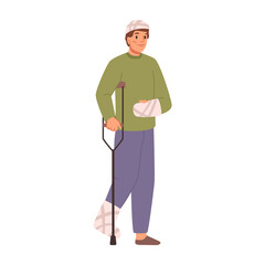 Man with disability, isolated personage with broken leg in cast walking with crutches. Invalid person with bandage. Flat cartoon character, vector illustration