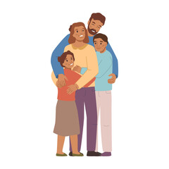 Hugging parents and children, home and love relationship between family members. Security and respect among relatives. Flat cartoon character, vector illustration