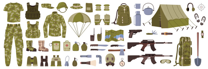 Clothes and weapons for soldiers, isolated military equipment. Tent and medicine, backpack and shovel, binoculars and boots. Flat cartoon, vector illustration
