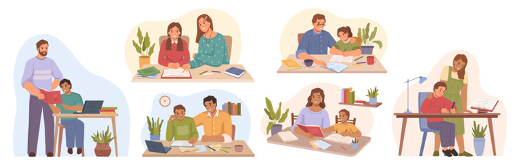 Mom and dad helping children with homework tasks and assignments from school. Parenting and helping kids to study well. Flat cartoon, vector illustration