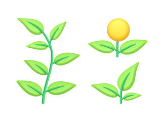 Flower plant in blossom, isolated sprouts with foliage and stems. Greenery and ecology awareness, branches and twigs of flora. 3d style vector illustration