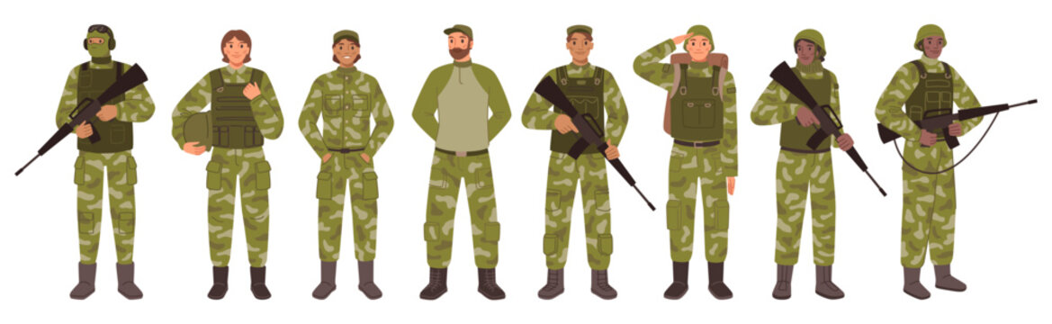 Service people, military men and women with guns wearing special clothes, fighters set. Soldier infantry in helmet and life vests. Flat cartoon, vector illustration