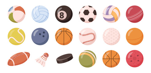 Sports hobby, ball equipment for football, basketball and volleyball. Isolated icons of ball for tennis and rugby, cricket and bowling. Vector in flat style