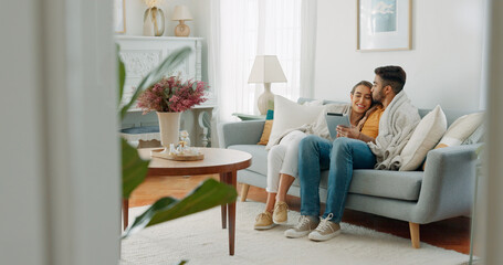 Couple, happy or tablet for communication, networking or social media app at home. Movie, video or...