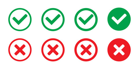 Green tick and red cross checkmarks in circle flat icons. Yes or no line symbol, approved or rejected icon for user interface.