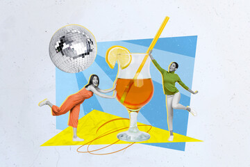 Photo banner creative collage design aperol spritz cocktail advertisement open summer nightclub disco ball girls isolated on white background