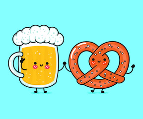 Cute, funny happy glass of beer and pretzel. Vector hand drawn cartoon kawaii characters, illustration icon. Funny cartoon glass of beer and pretzel mascot character concept