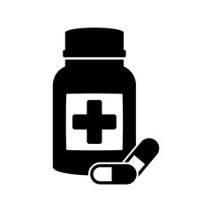 Medicine bottle and pills icon. Black and white icon. Vector illustration.