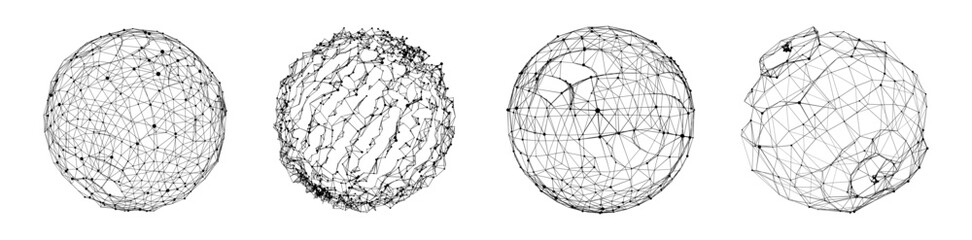 Abstract black sci-fi sphere with particles and lines. Technology network connection on world. Futuristic vector illustration. Global digital connections ai. 3D wireframe geometric sphere.