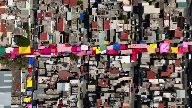 Aerial view above a Tianguis open air market and bazaar in Mexico city - top down, drone shot