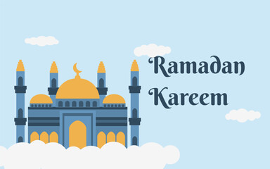 RAMADAN DESIGN WITH MOSQUE ABOVE CLOUD IN FLAT DESIGN AND MINIMALIST COLOUR. SUITABLE FOR BACKGROUND, POSTER, BANNER, STICKER, AND SOCIAL MEDIA