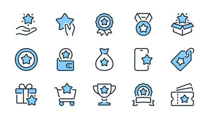 Bonus, reward, loyalty, benefit and prize related pixel perfect blue outline icons set vector illustration.