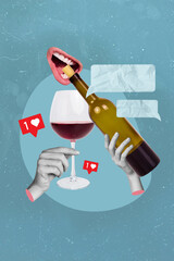 Poster image photo collage advertisement sommelier blog mouth open bottle alcohol enjoy drink taste wine isolated on blue painted background