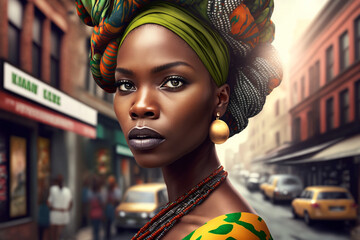 Black Women's History Month | modern black woman in a busy city street. wearing a colorful, bold outfit that celebrates her heritage and culture, featuring hues of green, red, and yellow. Ai - obrazy, fototapety, plakaty