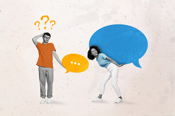 Portrait photo artwork minimal collage of two young friends communicating together hold chat box...
