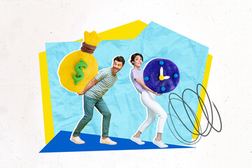 Photo design collage artwork banner of two young business partners want buy more time success finance growth isolated on blue color background