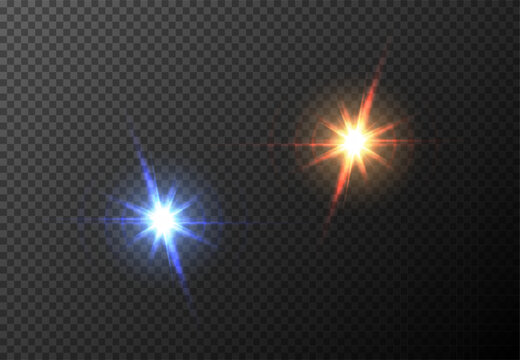 Vector red blue front sun lens flare transparent special light effect. Abstract in motion flare blur glow glare. Isolated transparent background design element. Star flash with rays and spotlight