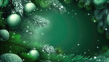 Fototapeta na wymiar Generative AI Christmas background with fir branches and balls, snowflakes on green background. Festive design template for winter holidays