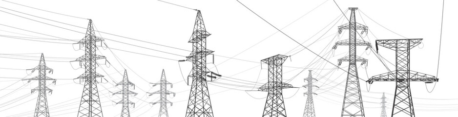 High voltage transmission systems. Electric pole. Power lines. Energy pylons. Black outlines image. A network of interconnected electrical. Vector design illustration - 573876777