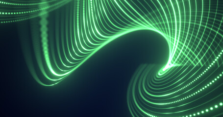 Abstract green waves from lines and dots particles of glowing swirling futuristic hi-tech with blur effect on dark background. Abstract background