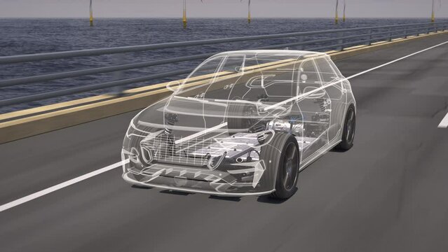 Animation of a generic electric car revealing the chassis with battery pack while driving along a bridge with wind turbines in background. Green energy concept. High quality 3d rendering animation.