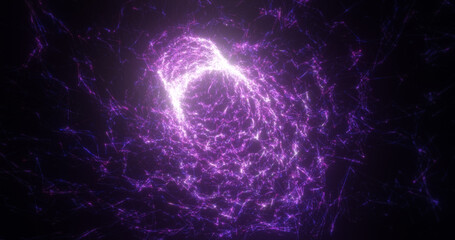 Abstract purple tunnel swirling from lines and particles of triangles glowing futuristic hi-tech with a blur effect on a dark background. Abstract background