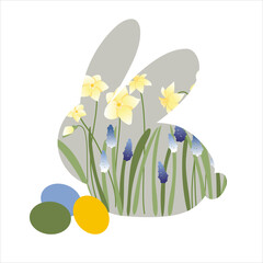 Easter spring postcard with rabbit frame. Flowered animal with floral Narcissus background