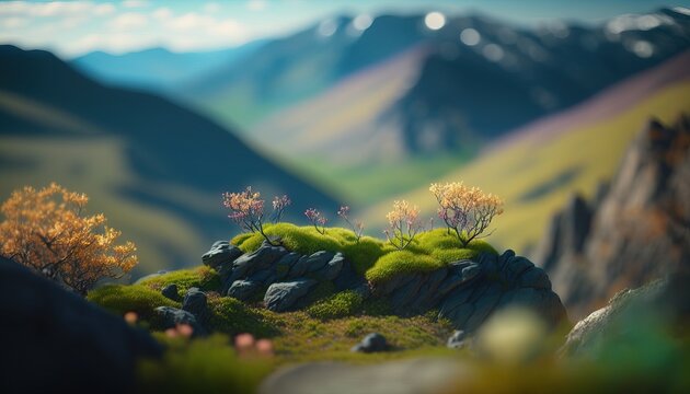 Generative AI, Mountains spring green landscape, houses, trees, road, beautiful countryside. Nature Illustration, photorealistic tilt shift horizontal banner.	
