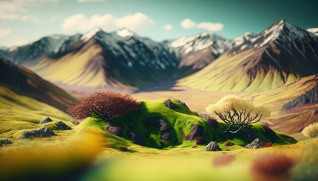 Generative AI, Mountains spring green landscape, houses, trees, road, beautiful countryside. Nature Illustration, photorealistic tilt shift horizontal banner.	
