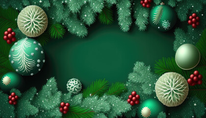 Generative AI Christmas background with fir branches and balls, snowflakes on green background. Festive design template for winter holidays
