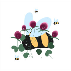 spring postcard with bumblebee. Flowered animal with floral clovers background