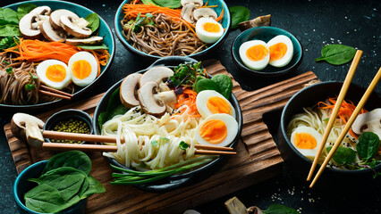 A bowl of Asian-style soup with udon noodles, egg, mushrooms, and green onions. On a stone background.