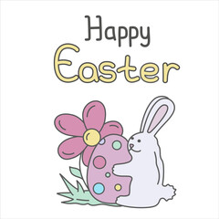 Vector cute easter color illustration with rabbit, egg and flower and phrase happy easter.