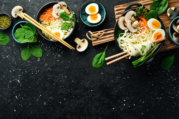 Japanese traditional udon noodles. Bowl of noodles with egg, mushrooms, green onions. On a black...