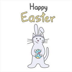 Fototapeta na wymiar Vector color easter illustration with outline of a cat with an egg and rabbit ears.