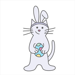 Vector easter color illustration with line of a cat with an egg and rabbit ears.