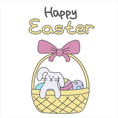 Vector color easter illustration with black line of a  basket with rabbit and eggs.