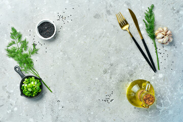 Cooking kitchen banner. Cutlery, oil and spices. Top view. - Powered by Adobe