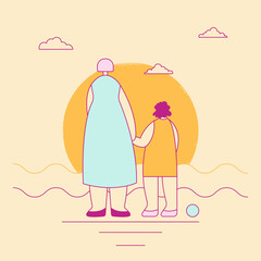 mom and daughter are watching sunset.Happy family spending time together.Banner,card,print.Bright vector illustration