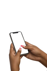 Female hand using blank touchscreen of smartphone