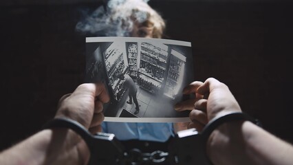 Lady interrogator with cigarette demonstrating photo evidence to suspect