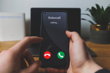 Fototapeta na wymiar Phone call from robot. Incoming robocall Concept