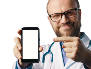 Smiling doctor showing a smartphone