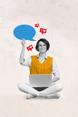 Vertical collage image of black white effect girl use netbook arm hold empty space dialogue bubble...
