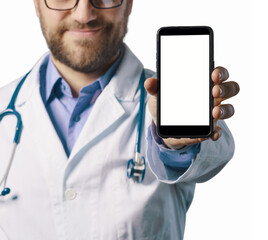 Smiling doctor showing a smartphone