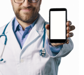 Smiling doctor showing a smartphone