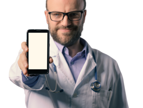 Smiling doctor showing a smartphone