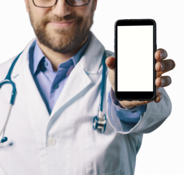 Smiling doctor showing a smartphone