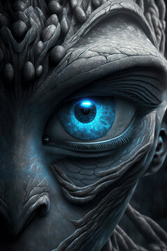 Eye of gray alien, face of sentient being from deep space close-up, portrait of stared extraterrestrial, concept of ufo, paranormal, roswell.
