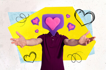 Composite collage image of guy raise opened arms welcome invite like notification instead head isolated on drawing background
